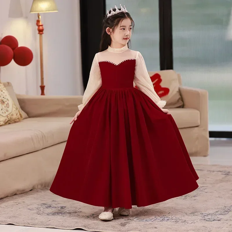 Robe de soirée pour bébé fille robe d'automne anniversaire patchwork perles robe élégante bal nouveauné fille 