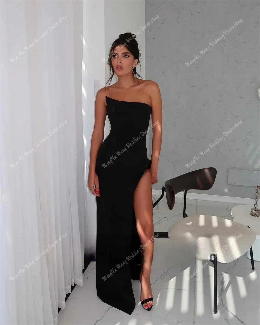 Robe de soirée formelle noire élégante Bustier arabe Longueur au sol Fendue haute Robe de bal pour Banquet Ivo