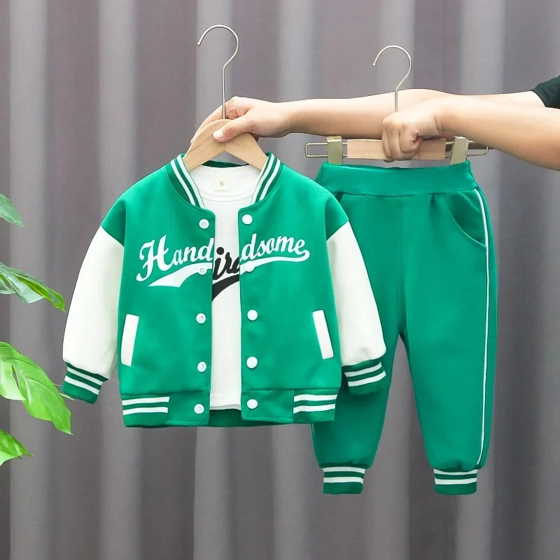 Ensemble Vêtements Enfant Confortable 3 Pièces Bomber Jacket Vert avec Tshirt et Pantalon Élastique Mode Enfan