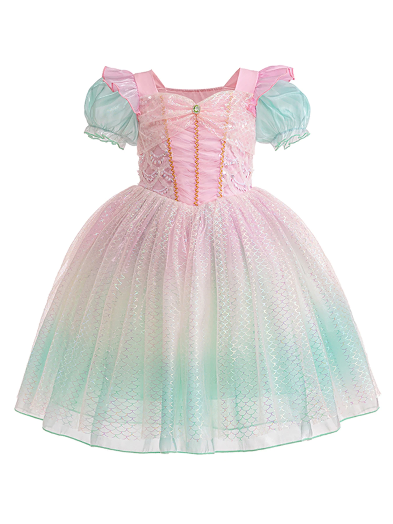 Robe princesse princesse fille manches bouffantes paillettes motif écailles fêtes événements douce scintillant