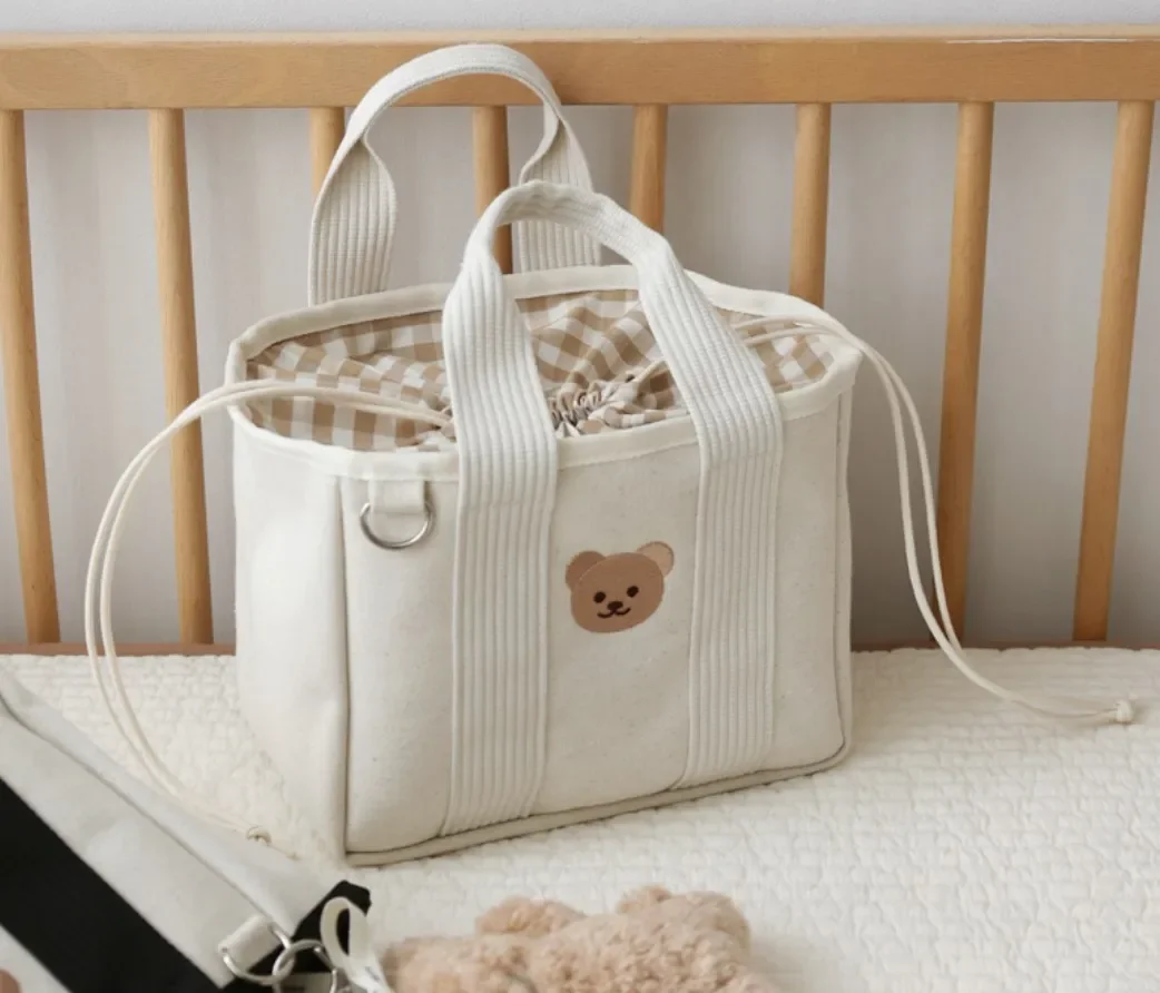 Sac à langer bébé portable pratique multifonctionnel tissu coton sac à bandoulière blanc motif ours