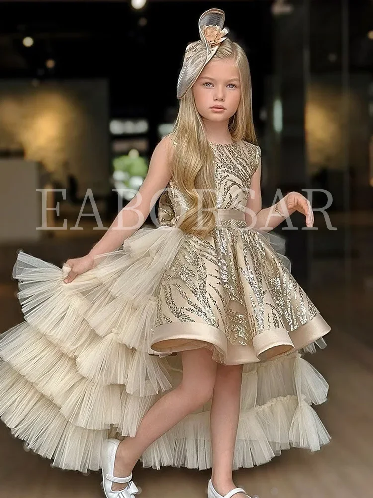 Robe de soirée pour filles sans manches paillettes broderie tulle à plusieurs niveaux ourlet asymétrique robe 