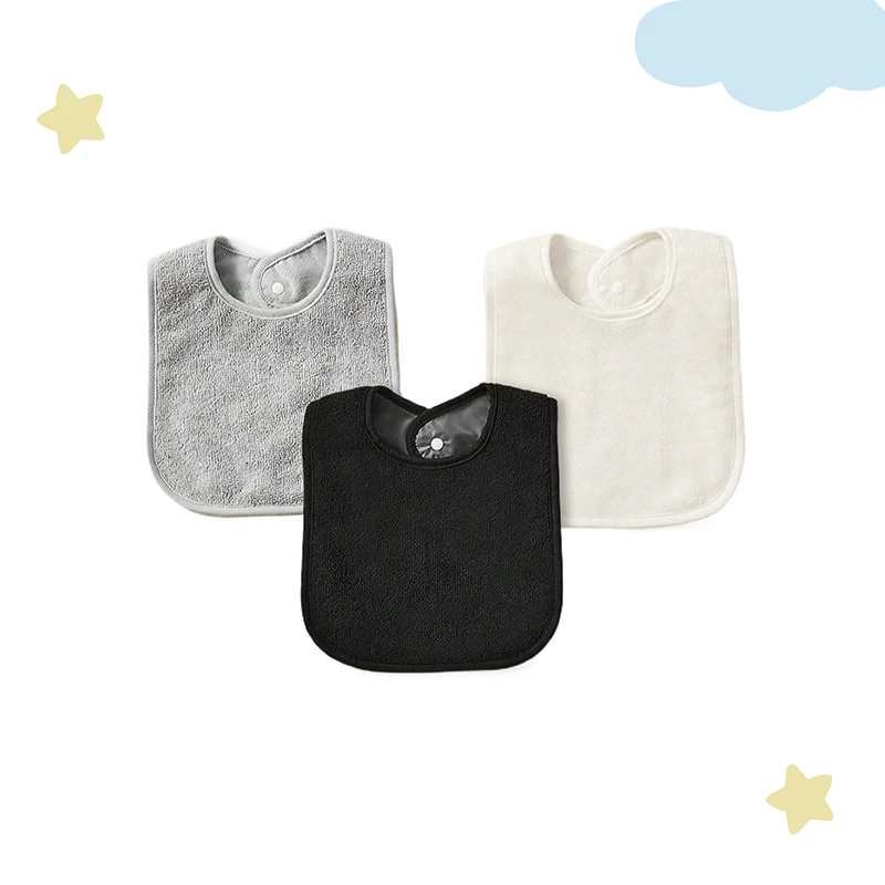 Bavoirs d'alimentation bébé fille et garçon 3 pièces tissu doux imperméable couleurs unies bavoirs pression 01