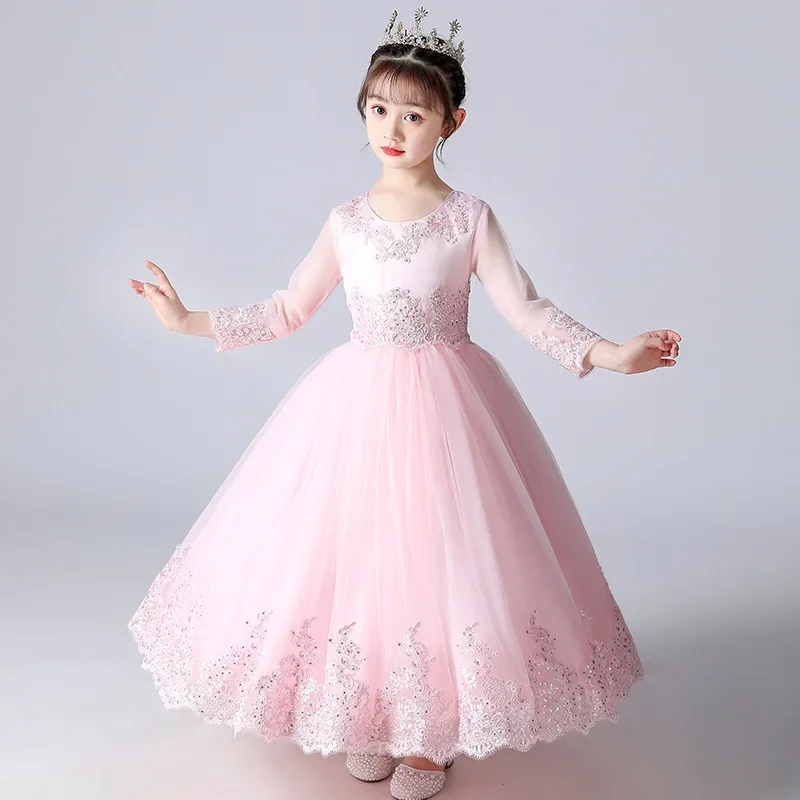 Robe de Soirée en Dentelle à Manches pour Fille Tenue Élégante à Paillettes Couleur Unie Mode AutomneHiver 413