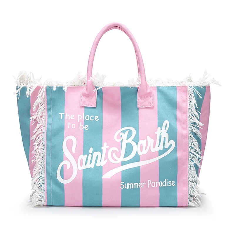 Sac de plage Saint Barth beach tote coton texture franges bandes colorées style estival pratique pour vacances