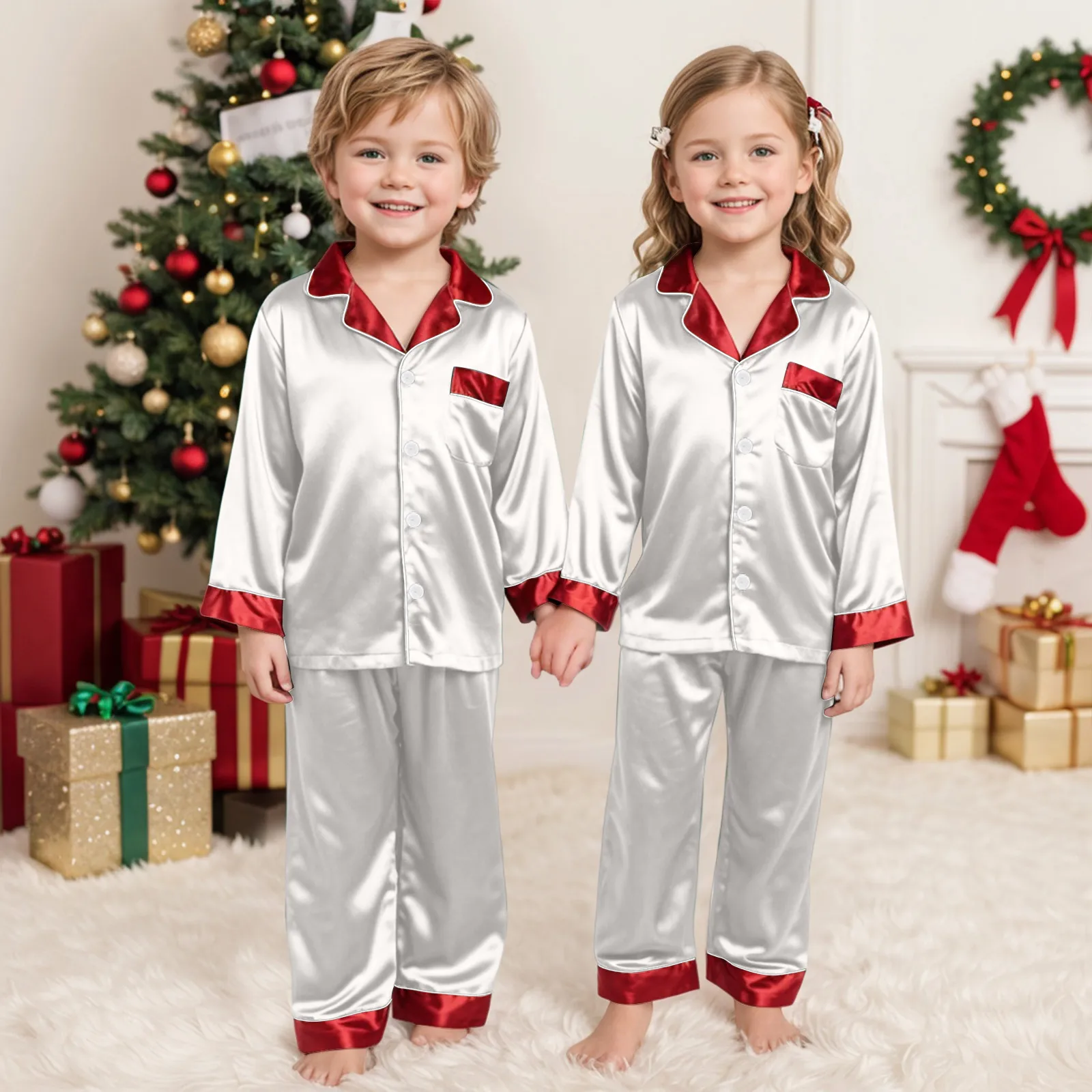 Pyjamas de noël pour enfants, ensembles assortis en Satin de soie 2025