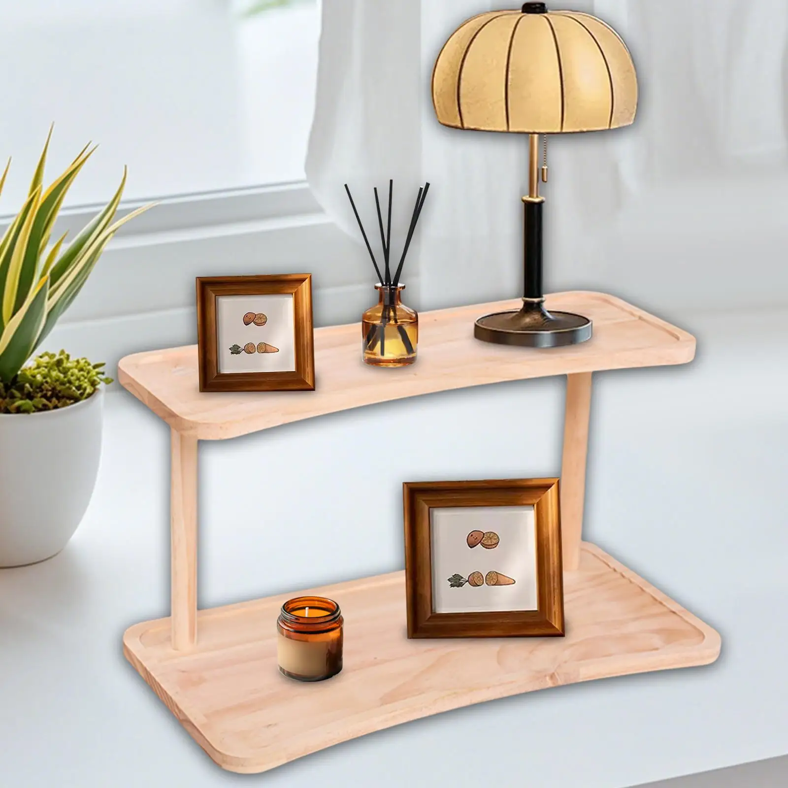 Étagère bois naturel deux niveaux design moderne salle à manger bureau chambre rangement décoratif style minim