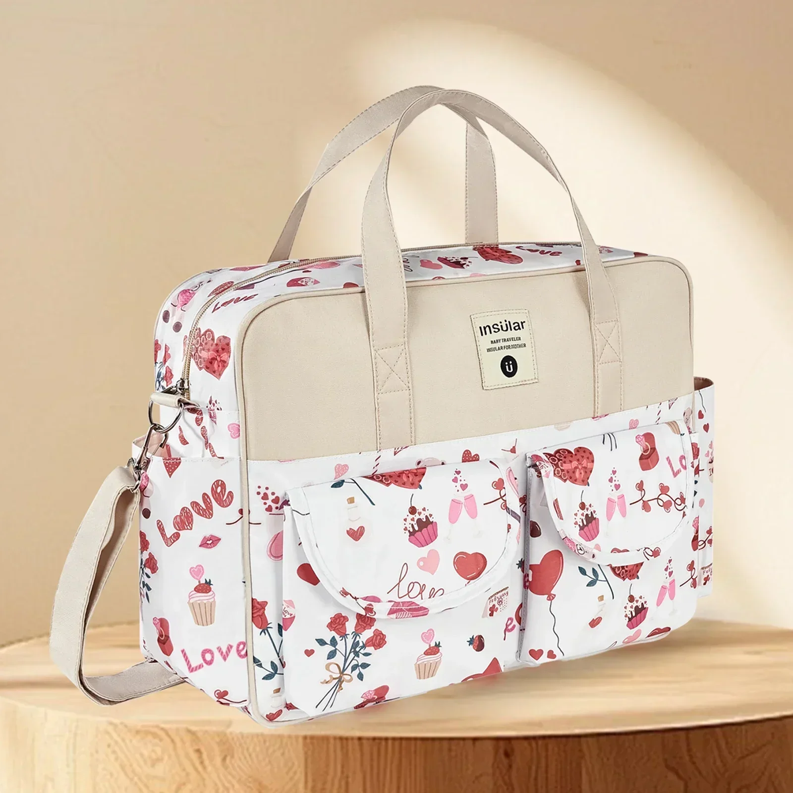 Sac à couches pour bébé grande capacité étanche sac messager de voyage sac à bandoulière beige rose poussette