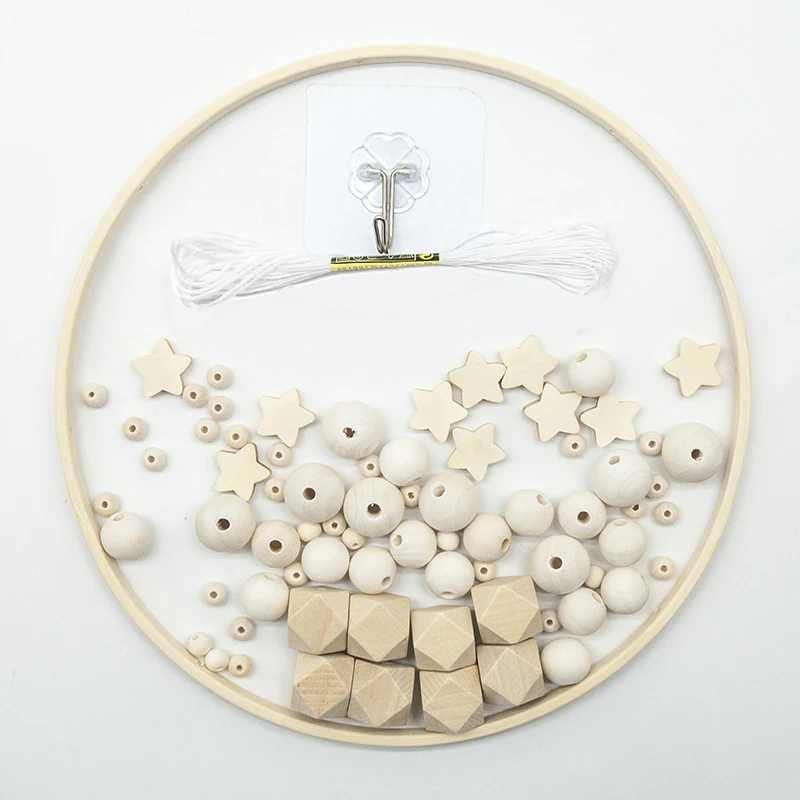 Kit DIY perles en bois naturel kit bricolage artisanal perles sphères étoiles et cubes fil coton crochet plast