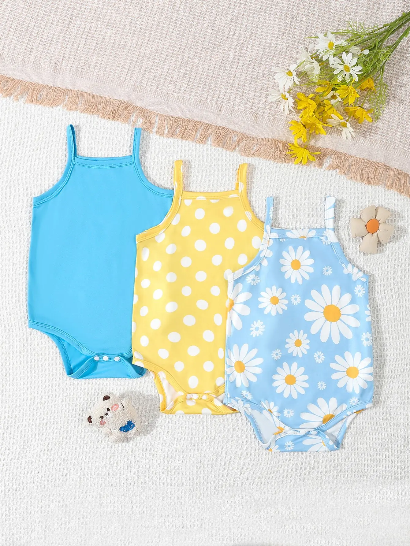 Set 3 bodies bébé fille été 01 ans motifs fleurs pois respirant