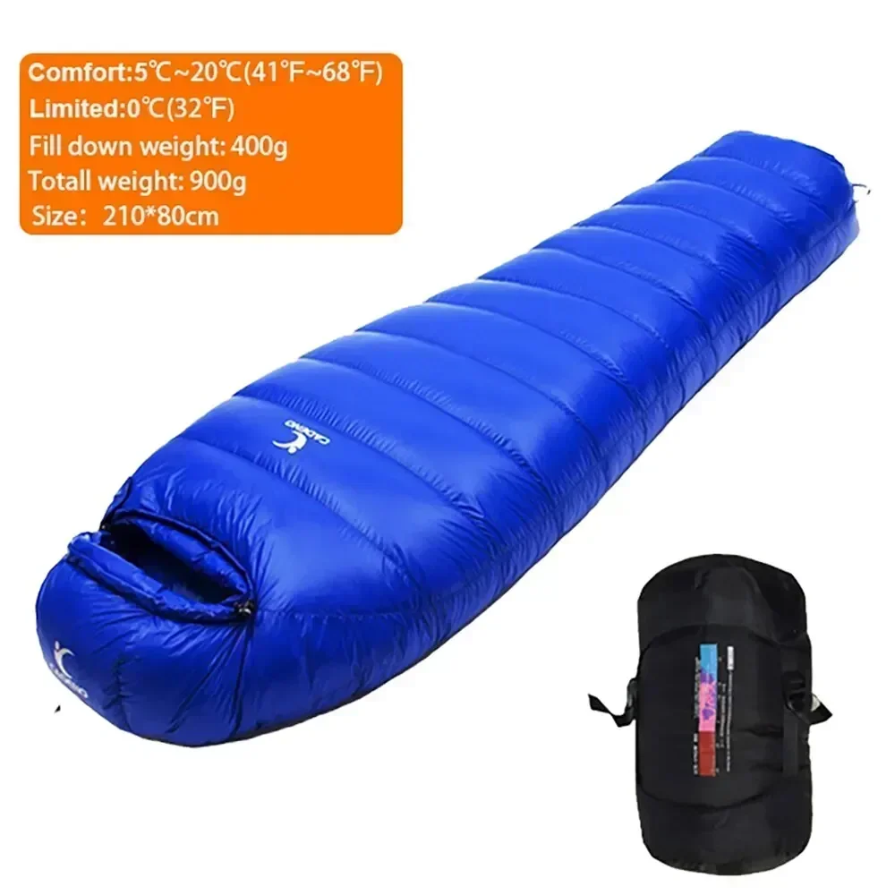Sac de couchage en duvet de canard camping hiver portable compression résistant à l'eau bleu 210cmx80cmx80cm c
