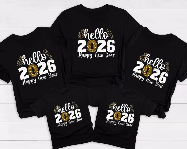 Tshirt famille New Year 2026 Happy Happy Happy célébration tissu doux motif feux d'artifice taille ajustée con