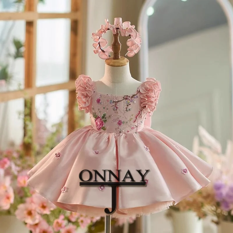 Robe demoiselle d'honneur rose pour filles robe de mariage communion concours style classique tissu satin dent