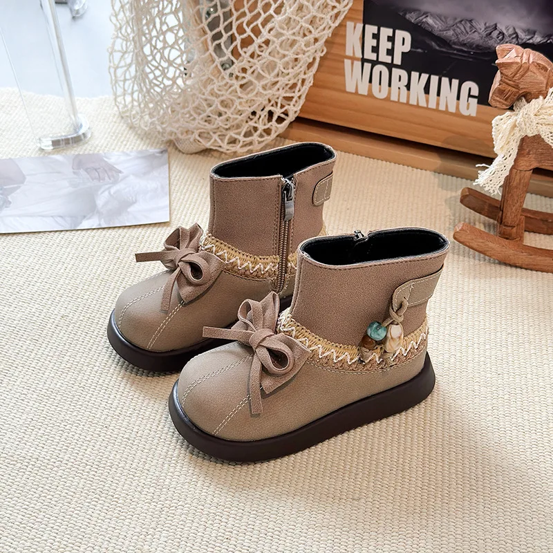 Bottines mode enfants filles mignon style princesse arc beige chaussures décontractées hiver automne facile en