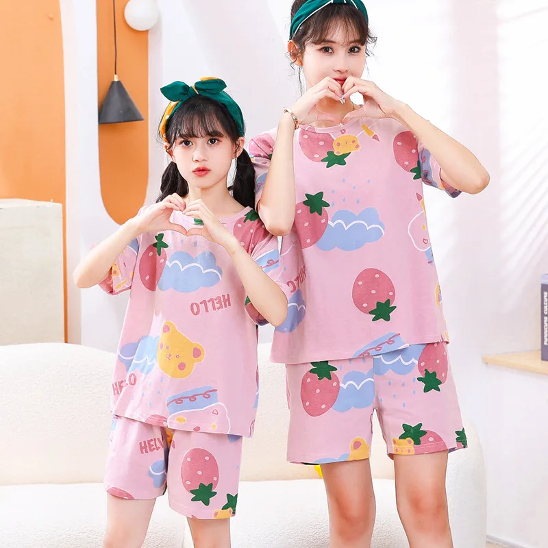 Pyjama ensemble été mère et fille assorti coton bio confortable vêtements nuit famille bébé fille parent enfan