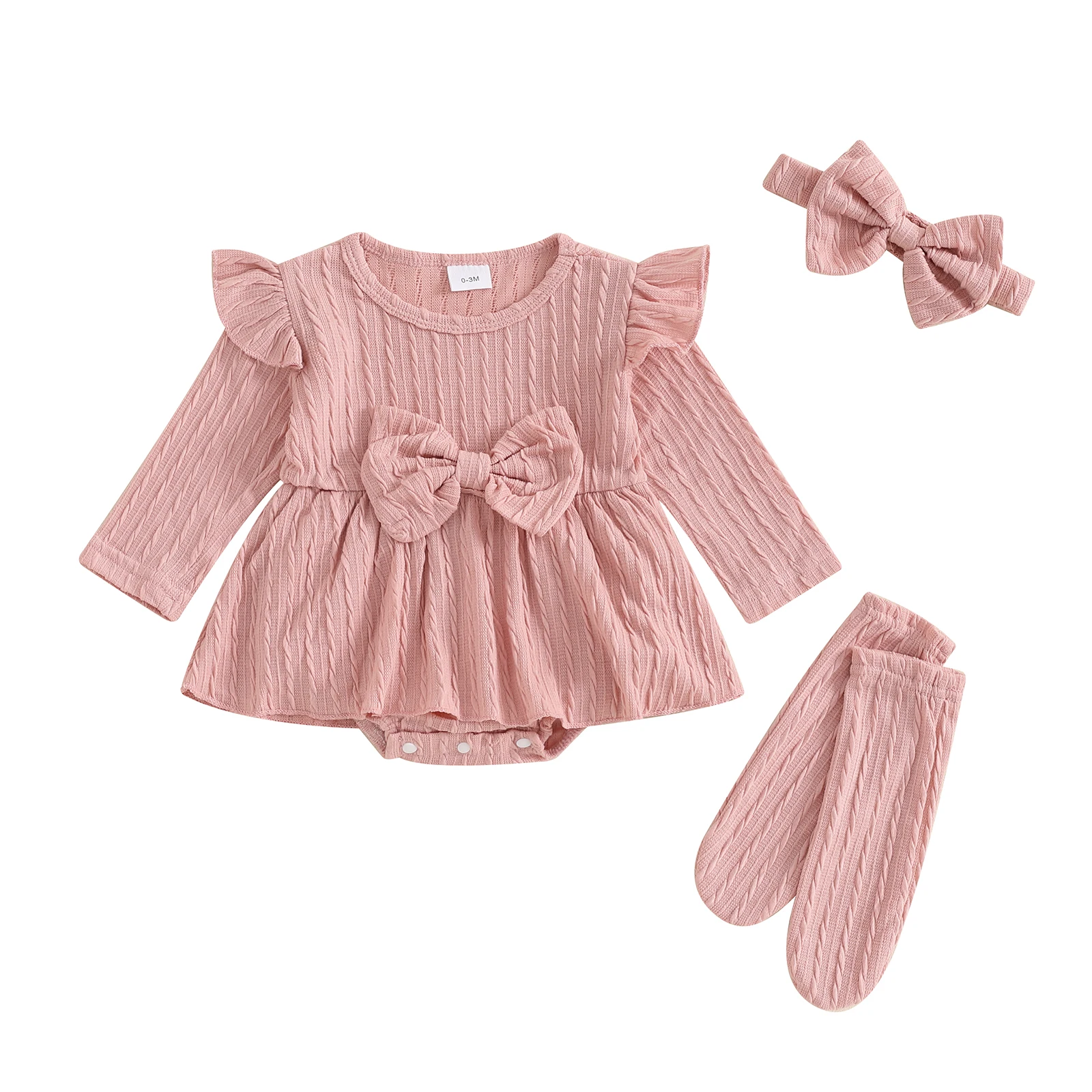 Romper Set 3Piece for Baby Girls Long Sleeves Ruffled Soft Pink Headband &amp; Socks Cute Baby Girl Outfit Siz