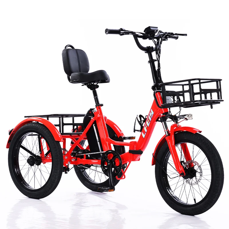 Tricycle électrique adulte pliant Tout Terrain 350W 48V Cargo 3 roues pour personnes âgées Rouge