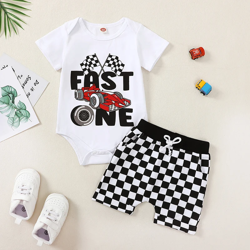 Ensemble tshirt short bébé garçon anniversaire racing coton doux checké