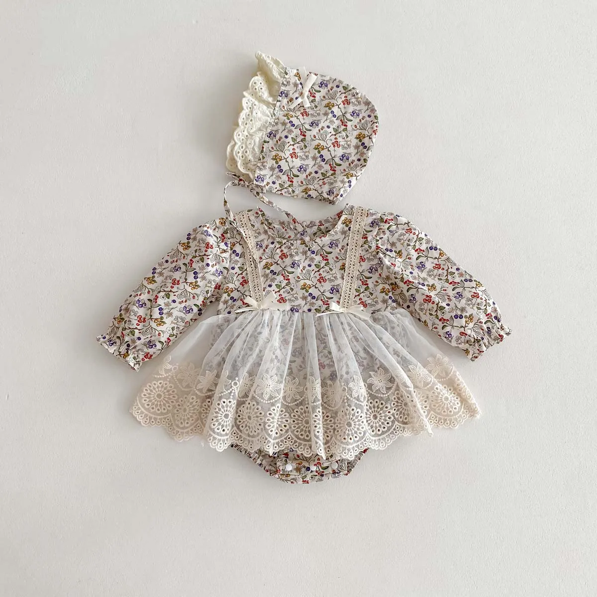 Robe dentelle floral fille nouveauné 024 mois manches longues chapeau assorti tenue bébé fille baptismême anni