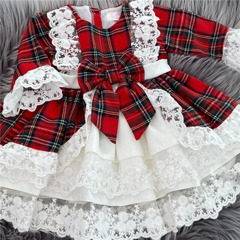 Robe longue en dentelle à carreaux pour filles style tartan occasion spéciale baptême anniversaire Noël design