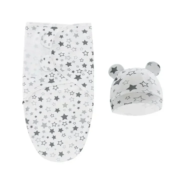 Ensemble de couverture et chapeau pour bébé 06 mois coton mousseline étoiles enveloppant confort sécurité prat