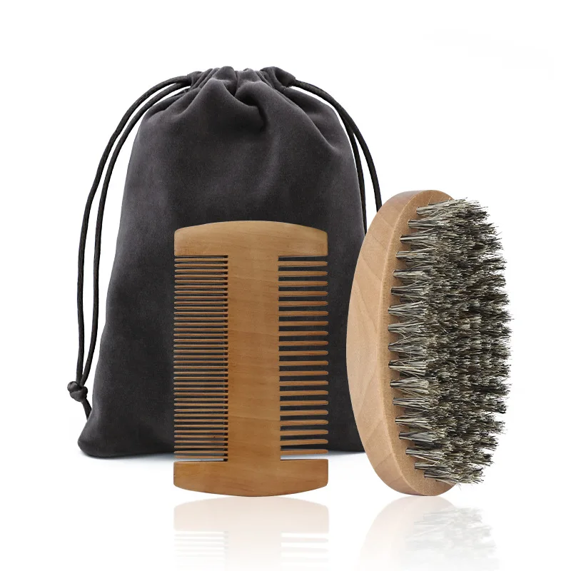 Kit de soins de barbe 4 en 1 Peigne en bois et brosse en soie Sac de