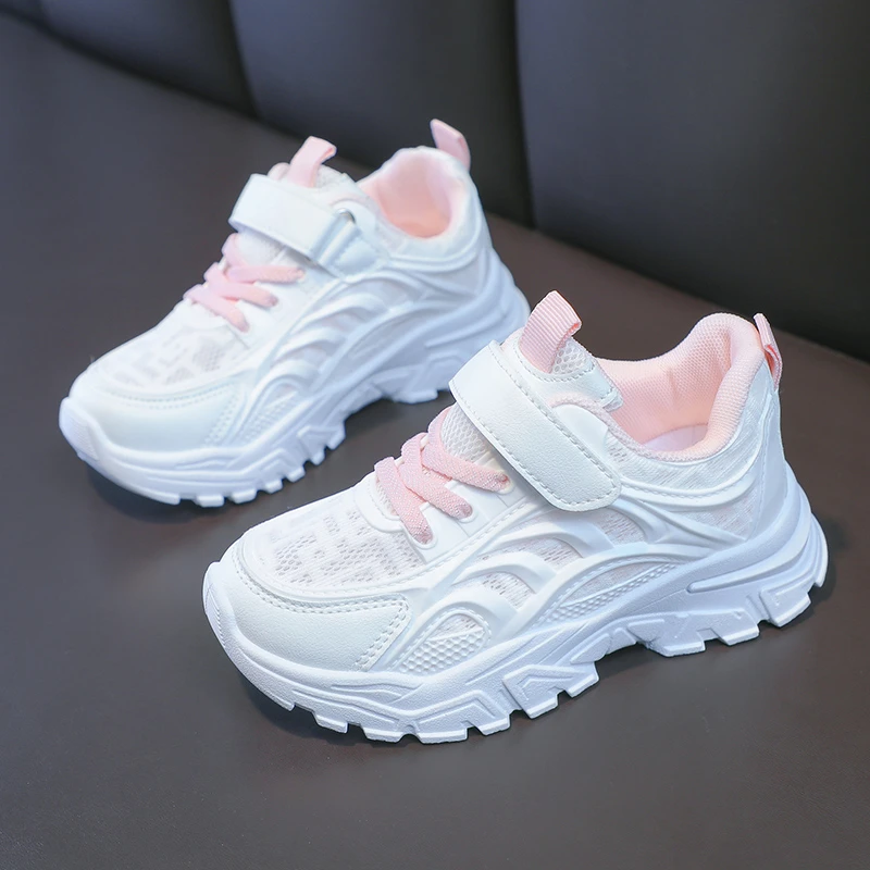 Chaussures de sport enfants blanches roses respirantes confortables antiglissante semelle épaisse flexible ten