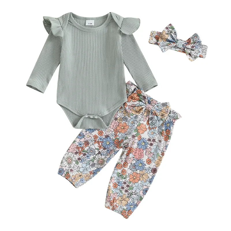 Barboteuse manches longues bébé fille pantalon fleuri nœud devant