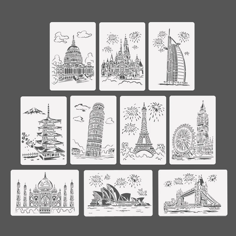 Ensemble papier à gratter 10 feuilles 5 pochoirs monuments animaux kit bricolage créatif cadeau enfant 612 ans