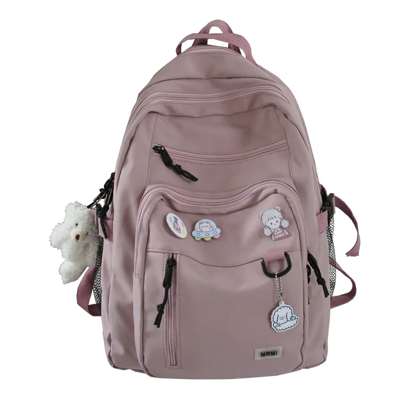 Sac à dos étudiant rose avec ours en peluche grand compartiment poches