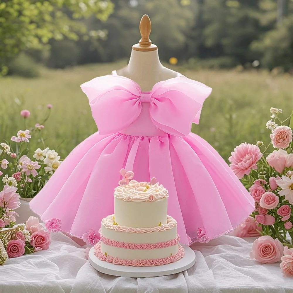 Robe douce rose bébé fille nœud volumineux tissu doux polyester viscose occasion festive veste porté printemps