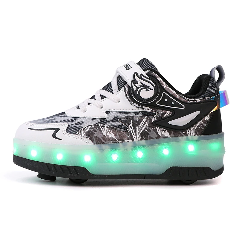 Chaussures enfants illuminées LED camouflage style sportif logo flamme sécurité confort moderne design élégant