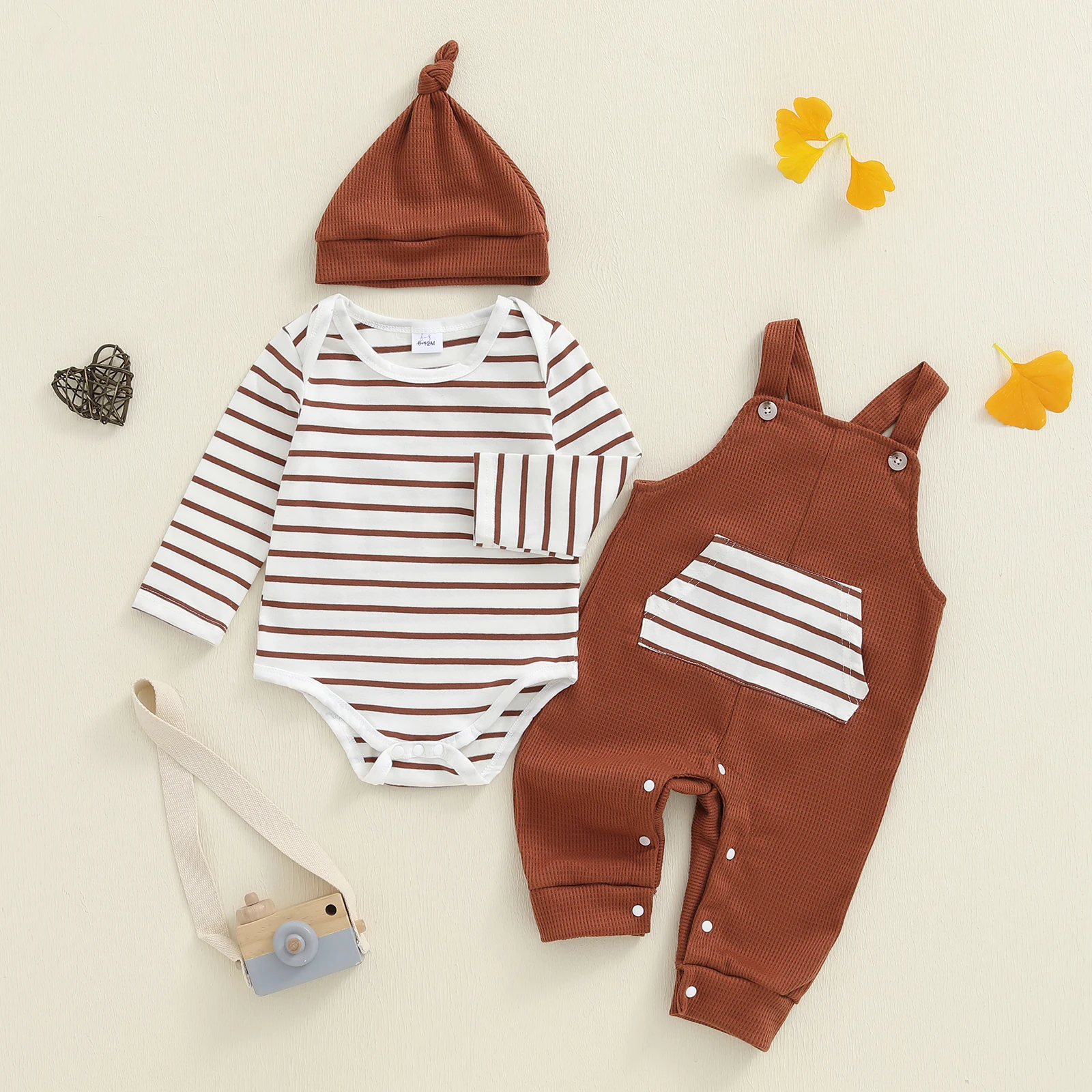 Ensemble 3 pièces bébé garçon automne hiver body manches longues salopette couvrechef mignon trendy