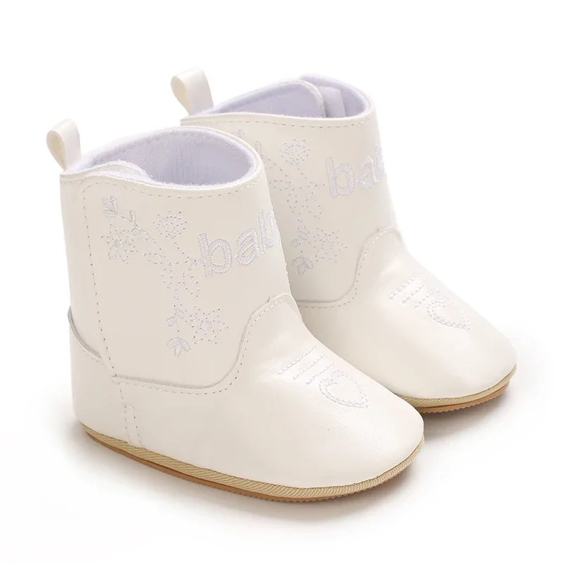 Bottes courtes pour bébé en PU souple et coton antiglissantes blanc