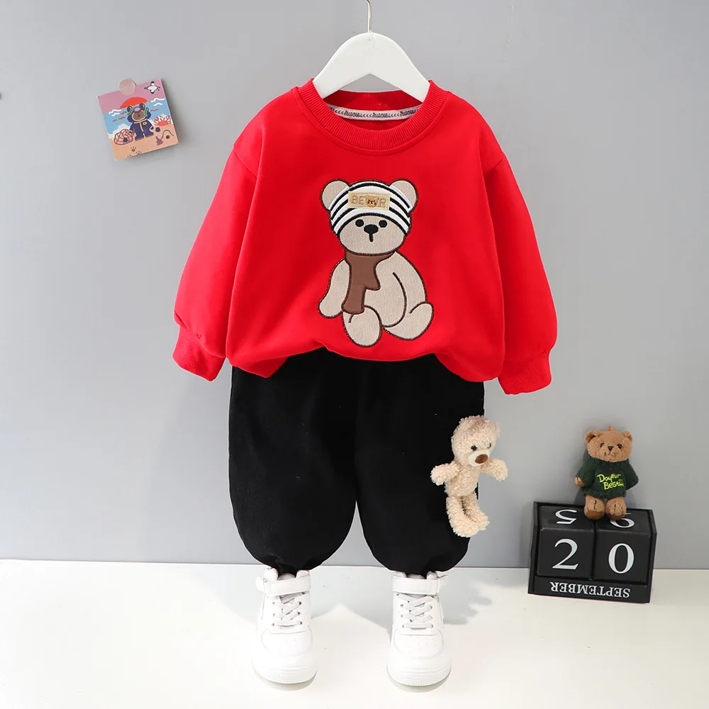 Costume d'automne bébé garçon 2 pièces ours dessin animé sweatshirt rouge et pantalon noir 05 ans doux et conf