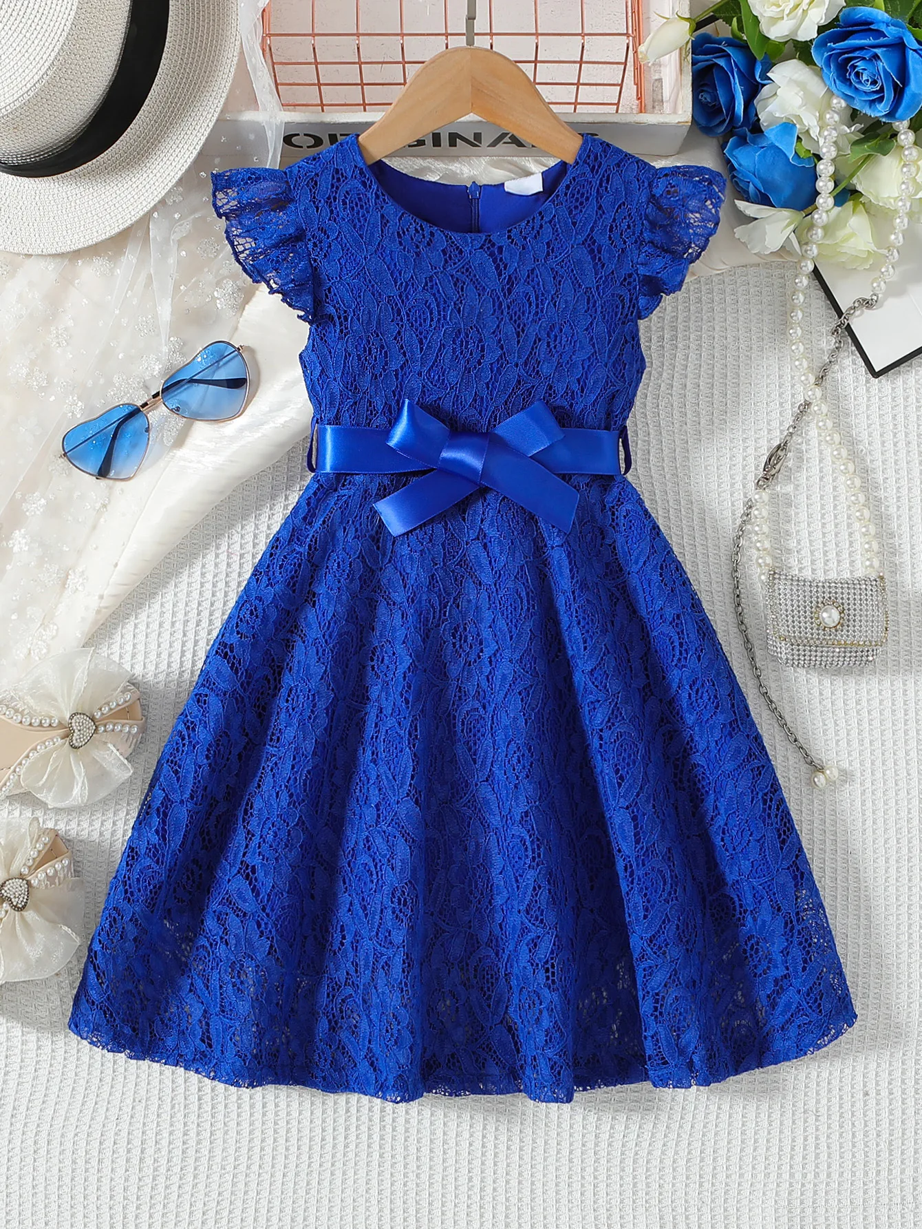 Robe d'été en dentelle pour filles robe princesse occasion spéciale accessoires inclus couleur bleu vif enfant