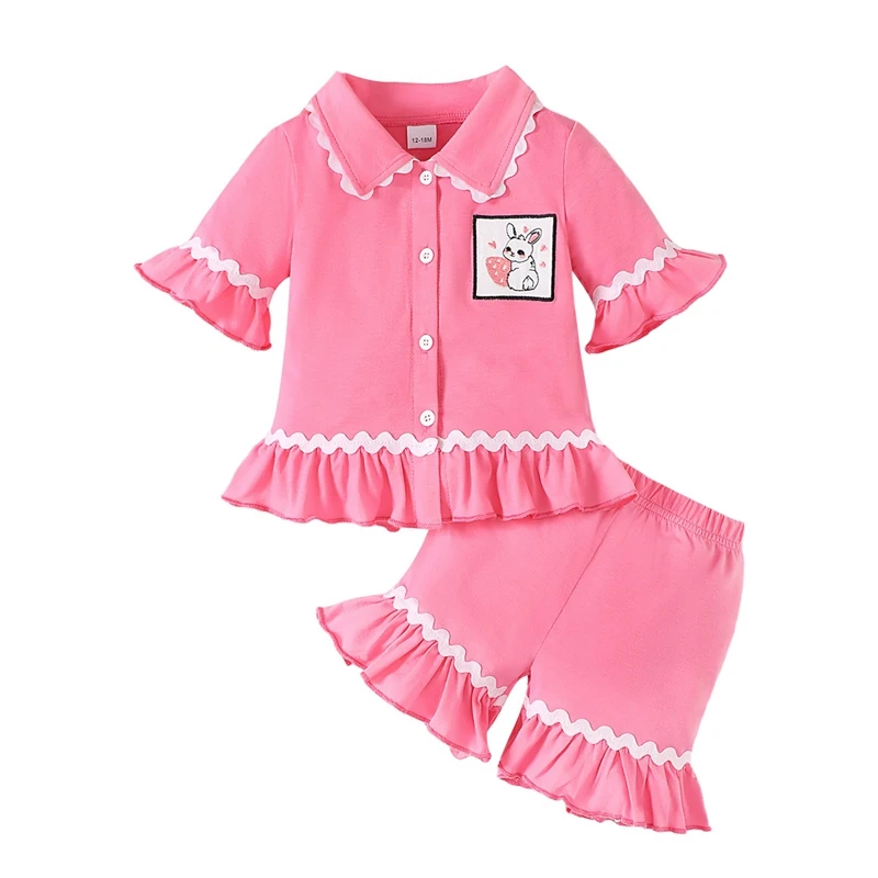 Ensemble pyjama Pâques bébé fille manches courtes short volants tissu doux rose motifs mignons idéal nuit mais
