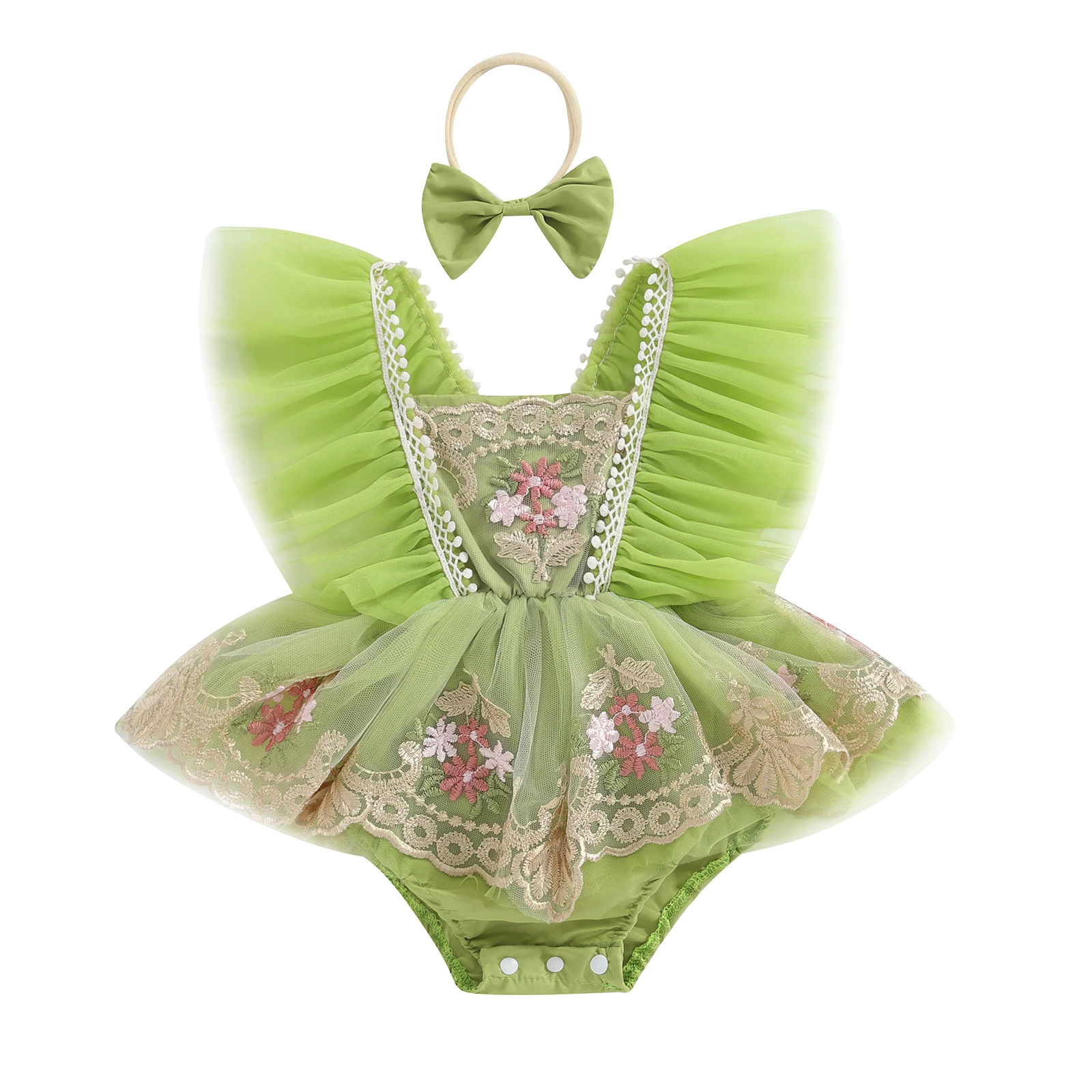 Tenue pour nouveau-né fille, manches volantes, broderie de fleurs, Tulle, Patchwork, barboteuse avec nœud, ban