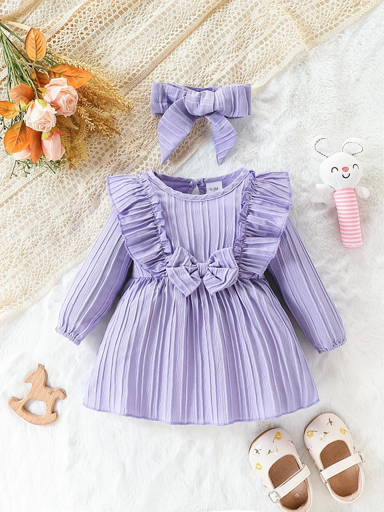 Robe bébé fille manches longues col rond volants lilas accessoires inclus 03 mois printemps décontractée éléga