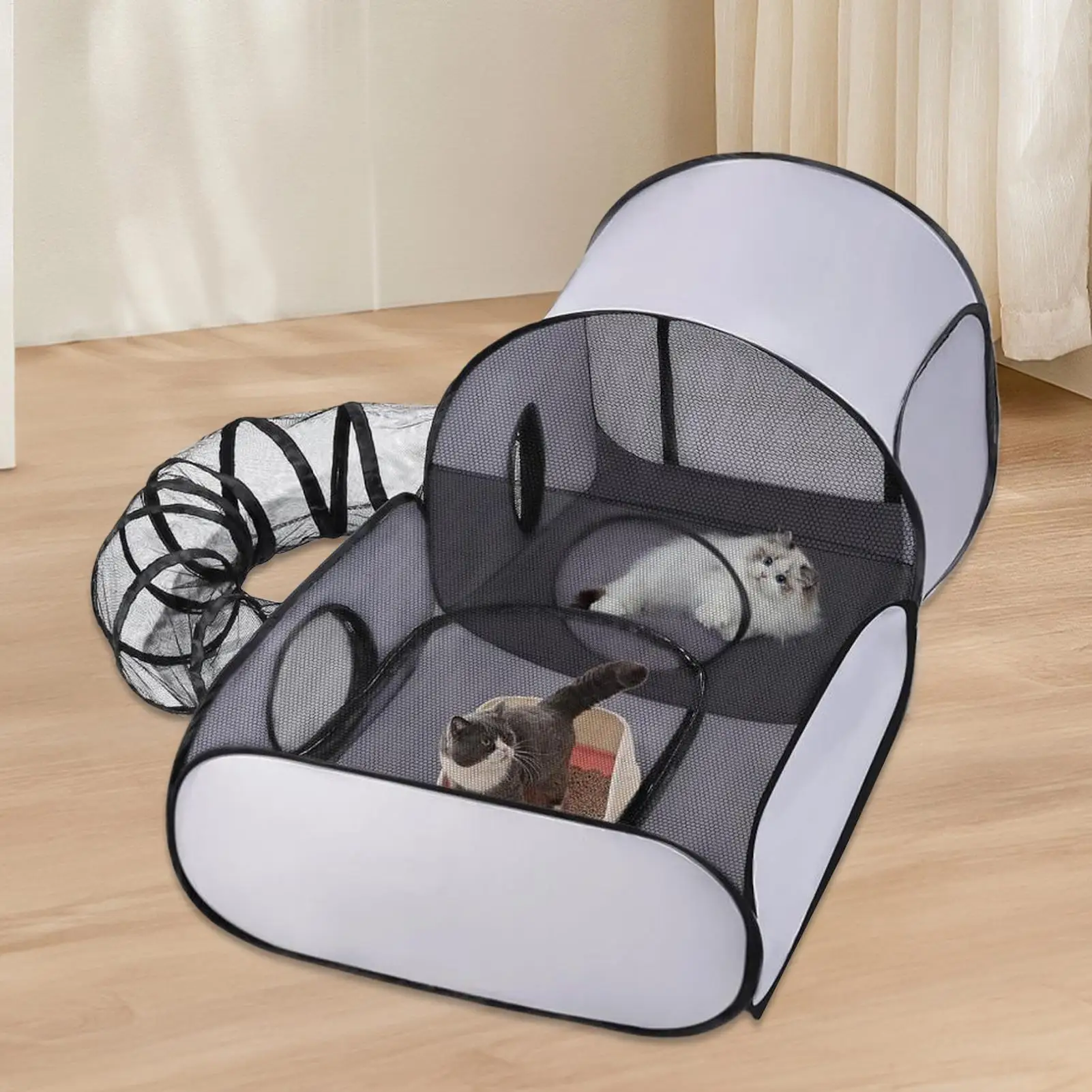 Enclos extérieur pour chat transformable en tente tunnel interactif respirant portatif sécurisé usage familial