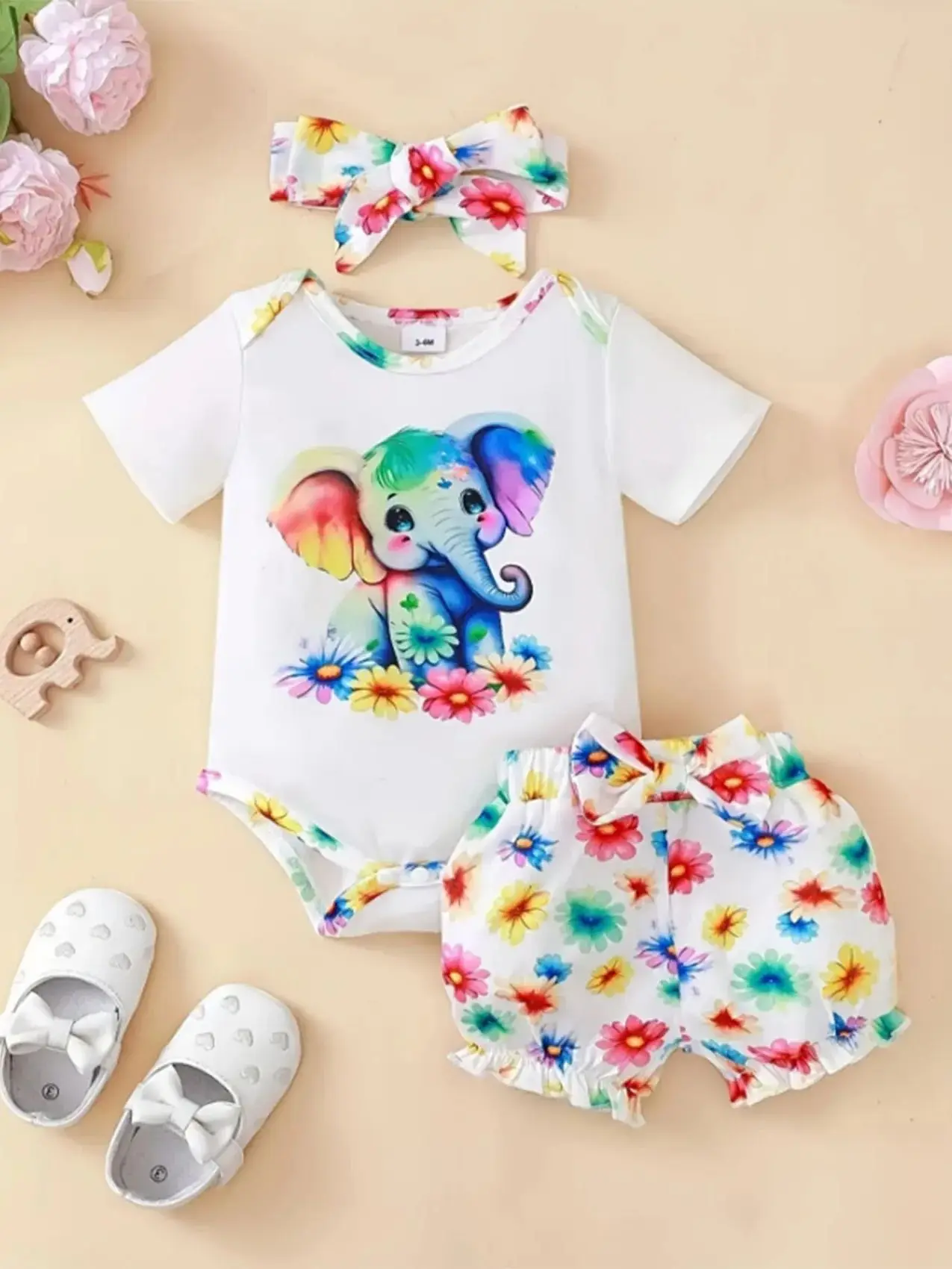 Ensemble 3 pièces pour nouveauné body éléphant arcenciel short fleurs bandeau nœud printemps été vêtements mig