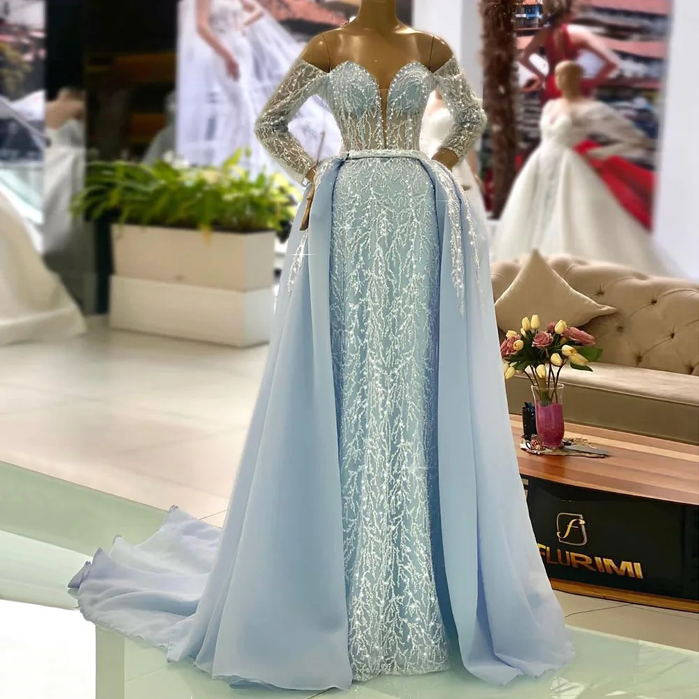 Robe de soirée élégante pour bébé épaules dénudées manches longues traîne détachable robe de bal formelle pers