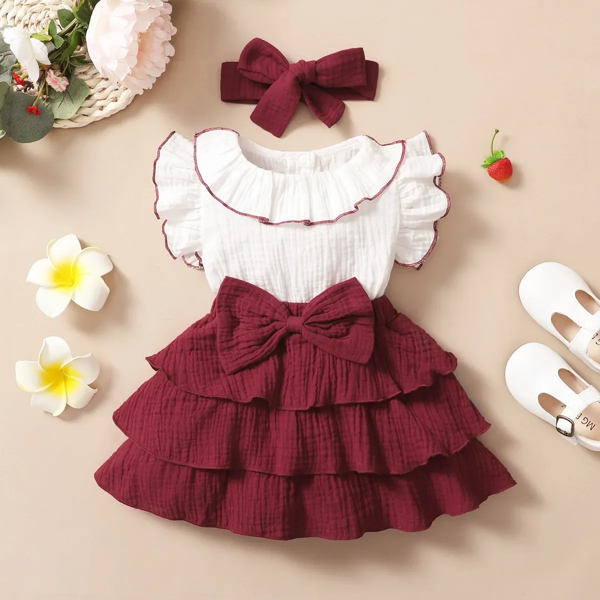 Robe fille printemps été robe d'été princesse dentelle robe de fête volants manches courtes blanc bordeaux 25 