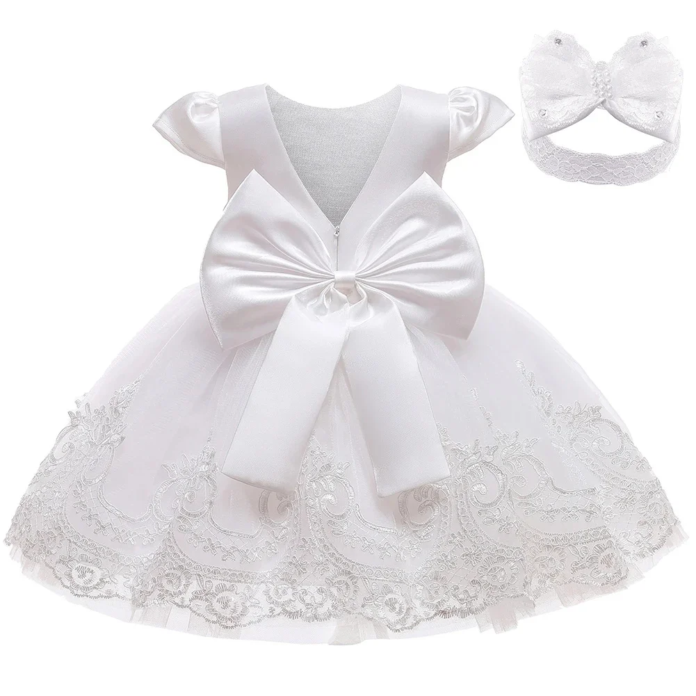 Robe de cérémonie pour enfant fille satin et tulle nœud surdimensionné dos en V robe formelle pour mariage bap