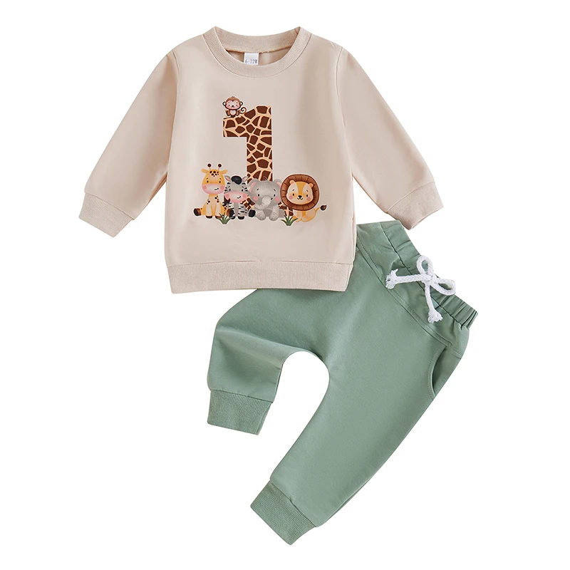 Tenue de premier anniversaire bébé garçon sweatshirt longues manches pantalon élastique imprimé Animal ensembl