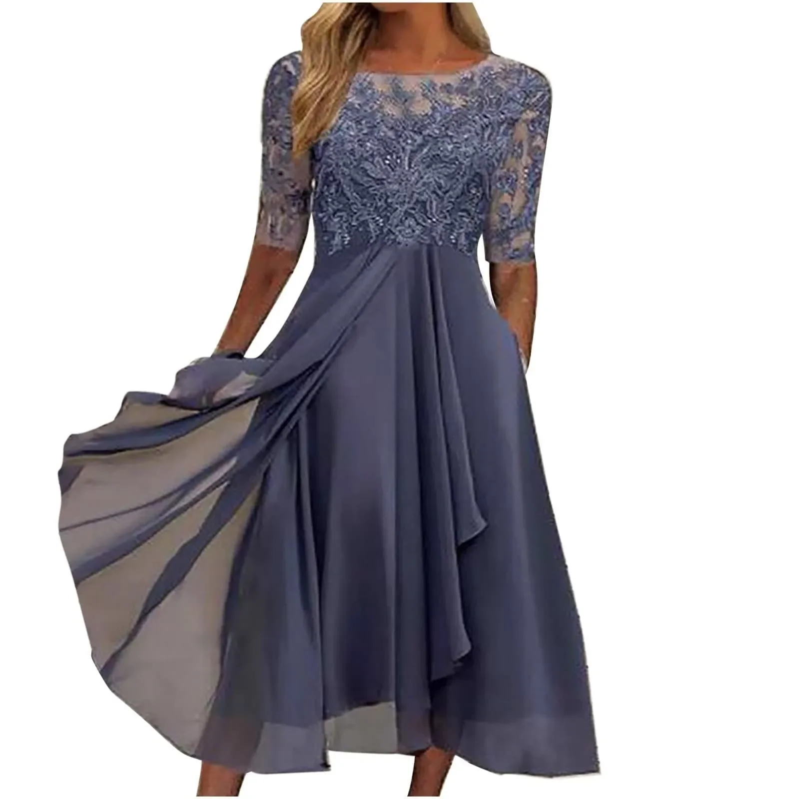 Robe de soirée élégante en mousseline de soie brodée, col rond, manches courtes, robe de luxe, robes de soirée