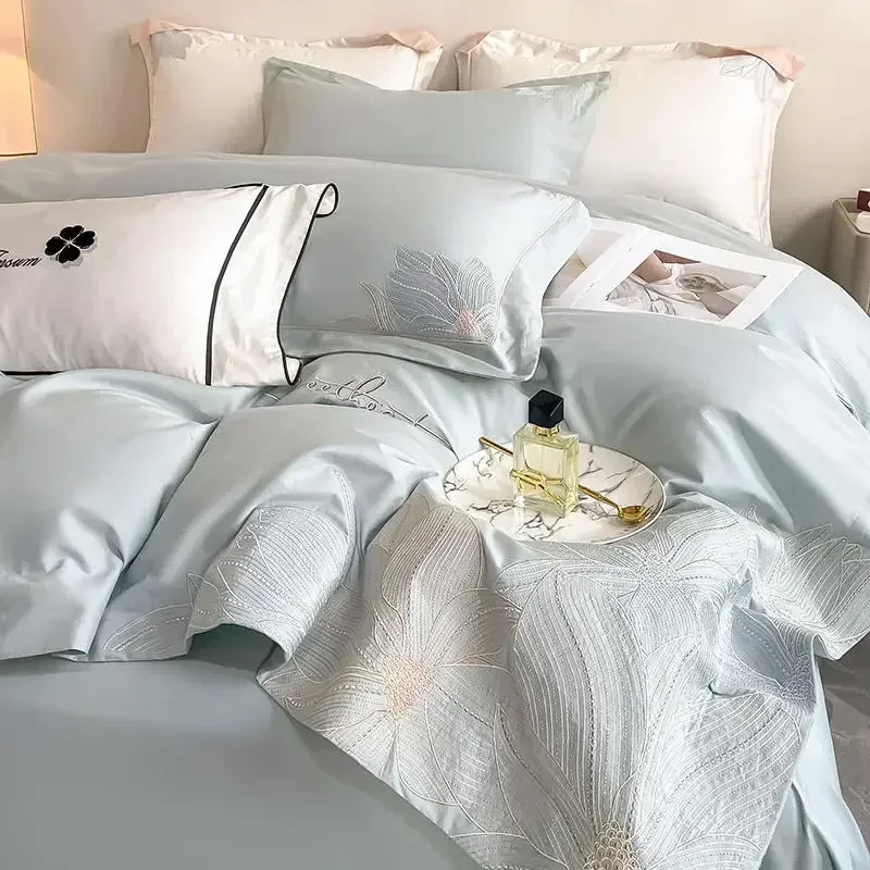 Ensemble de literie brodé 100% coton housse de couette taie d'oreiller drap style Hepburn respectueux de la pe
