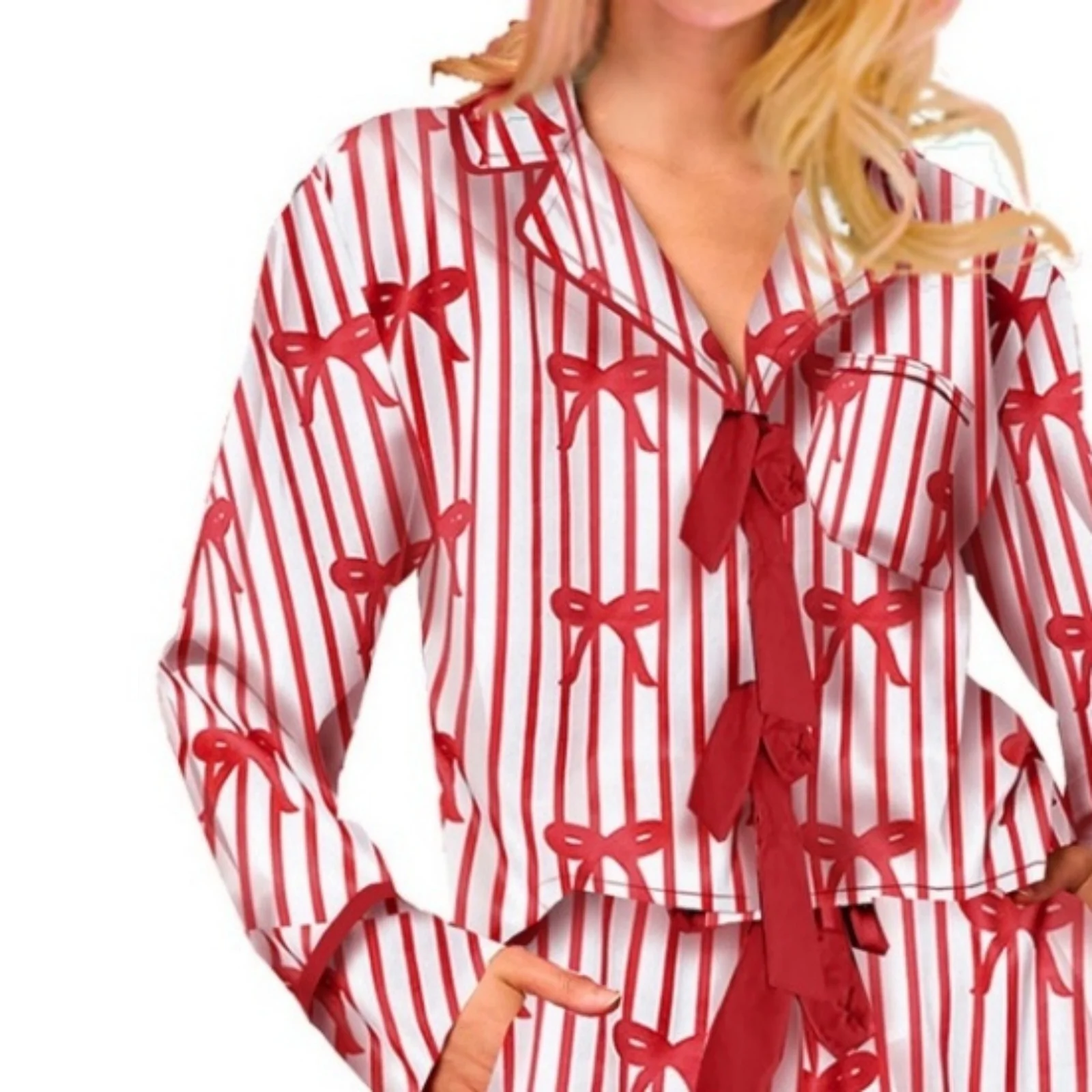 Pyjama assorti Lamuusaa pour famille maman et moi imprimé nœud cœur cravate devant manches longues pantalons l