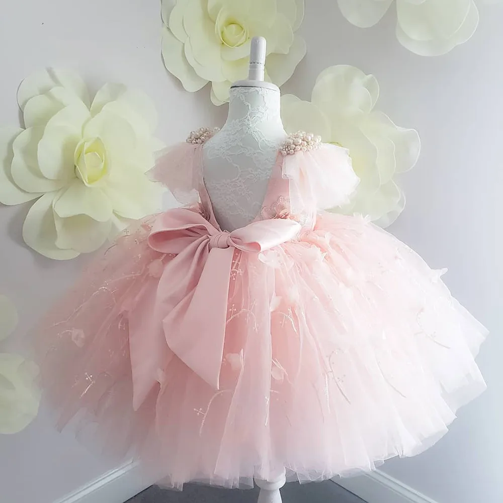 Robe de bal en tulle rose pour filles princesse mariage cérémonie accessoires en satin perles style classique 