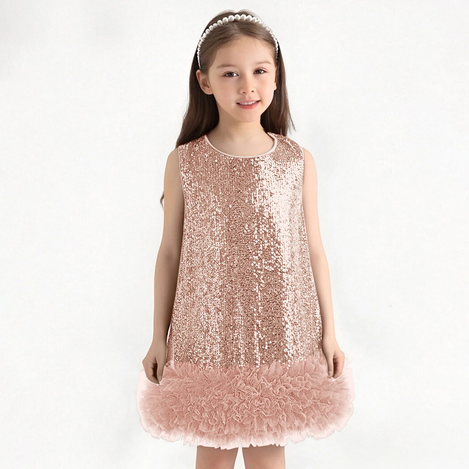 Robe à paillettes pour filles, ligne A scintillante, sans manches
